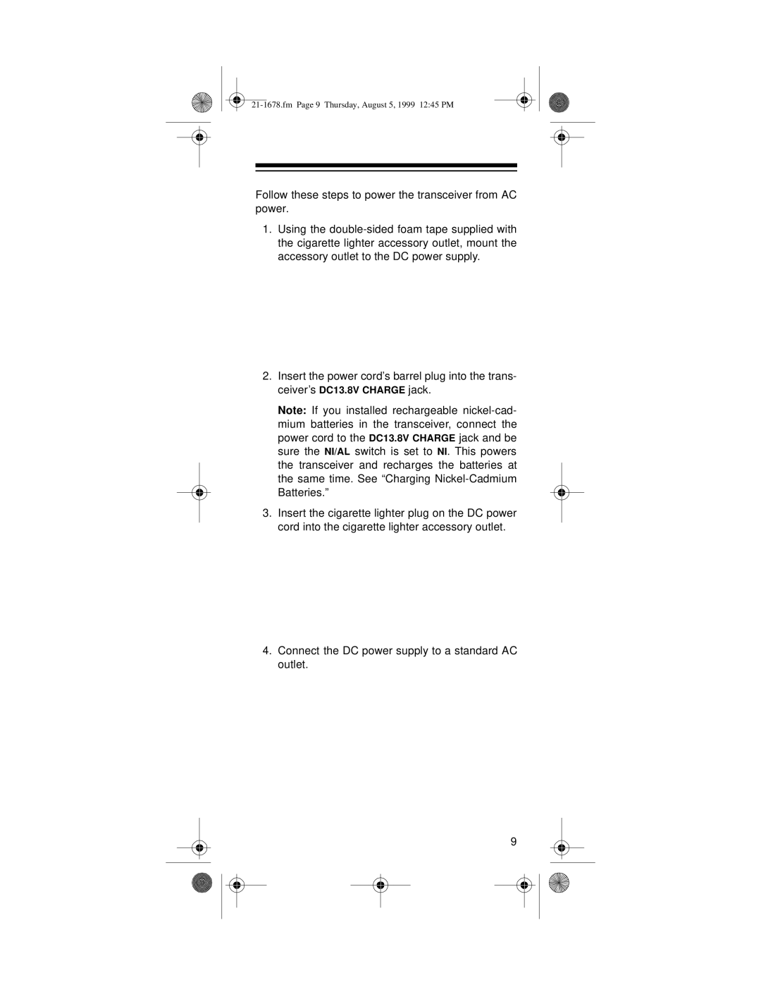 Radio Shack TRC-234 owner manual Follow these steps to power the transceiver from AC power 