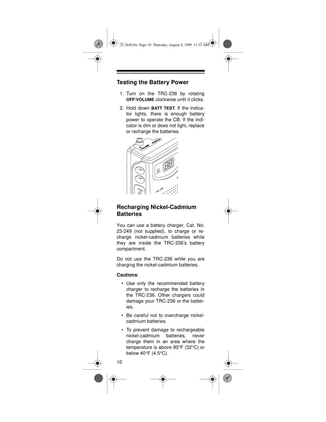 Radio Shack TRC-236 owner manual Testing the Battery Power 