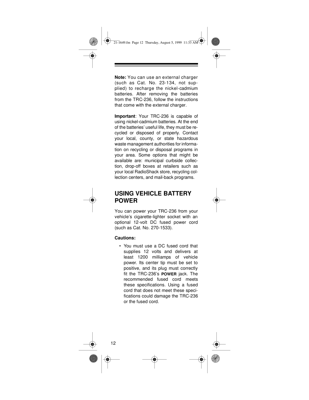 Radio Shack TRC-236 owner manual Using Vehicle Battery Power 