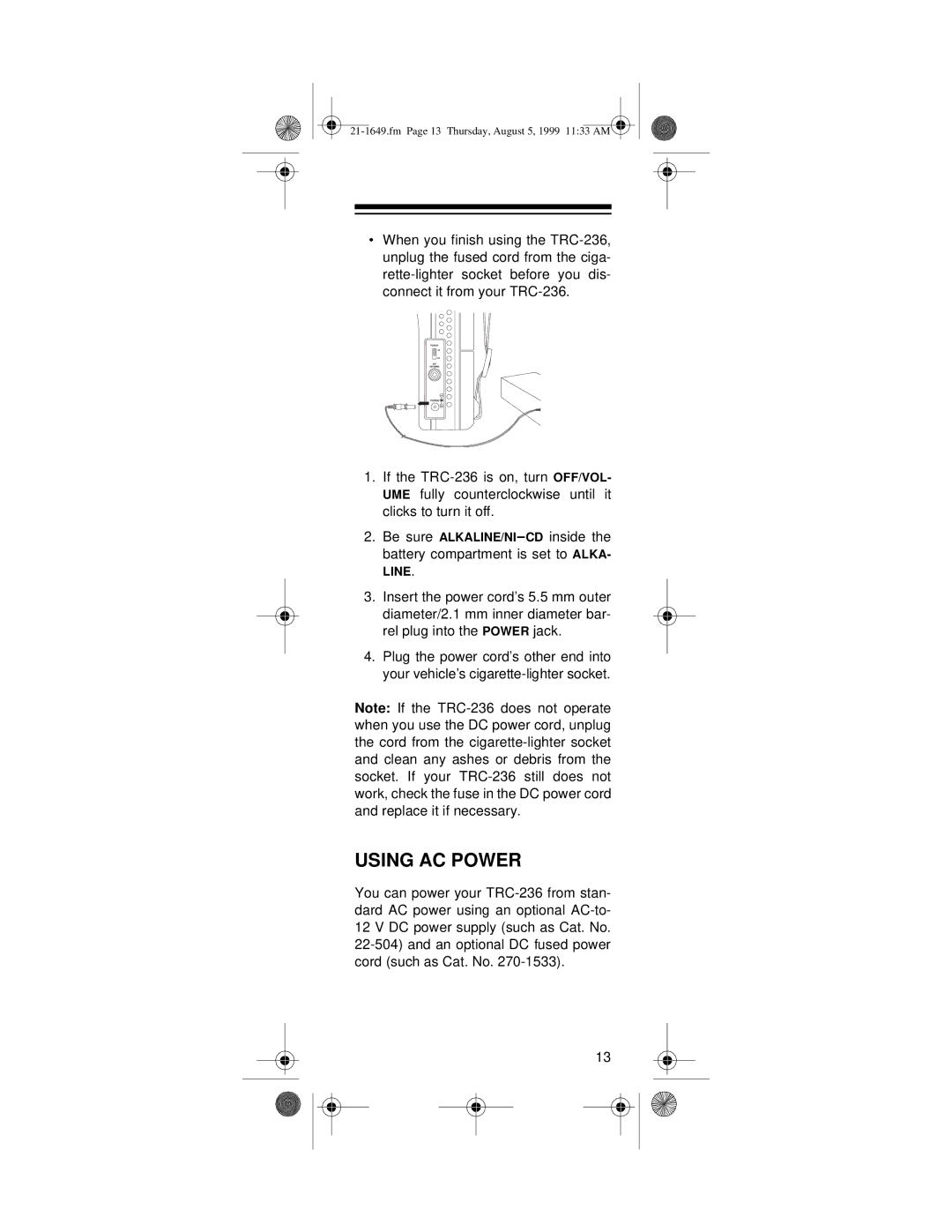 Radio Shack TRC-236 owner manual Using AC Power 