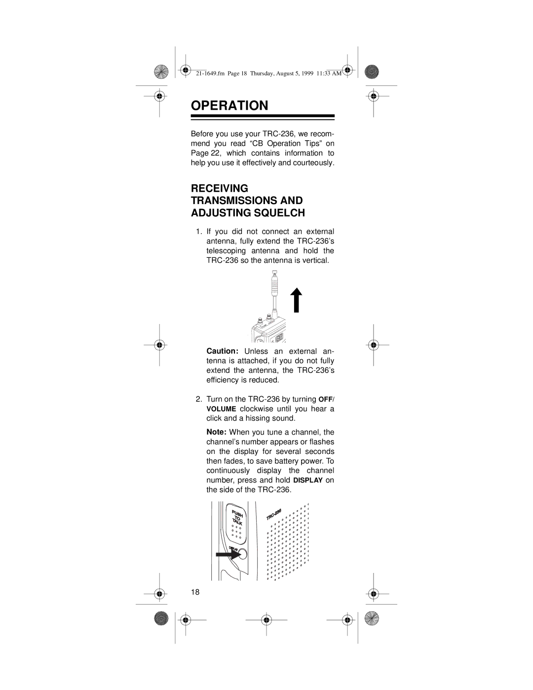 Radio Shack TRC-236 owner manual Operation, Receiving Transmissions Adjusting Squelch 