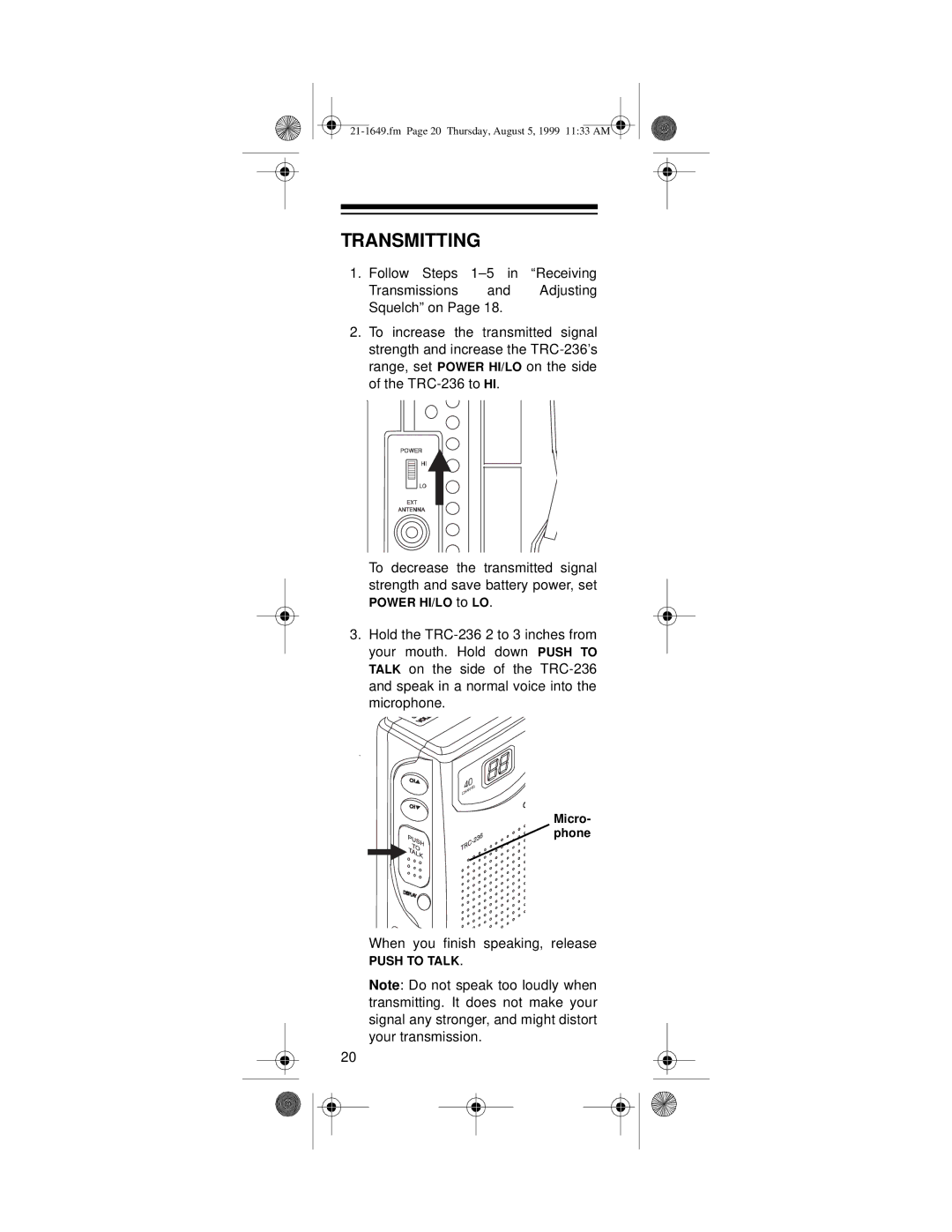 Radio Shack TRC-236 owner manual Transmitting 