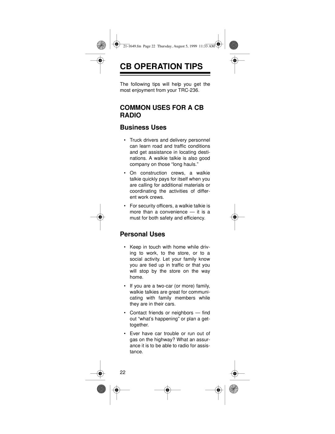 Radio Shack TRC-236 owner manual CB Operation Tips, Common Uses for a CB Radio 