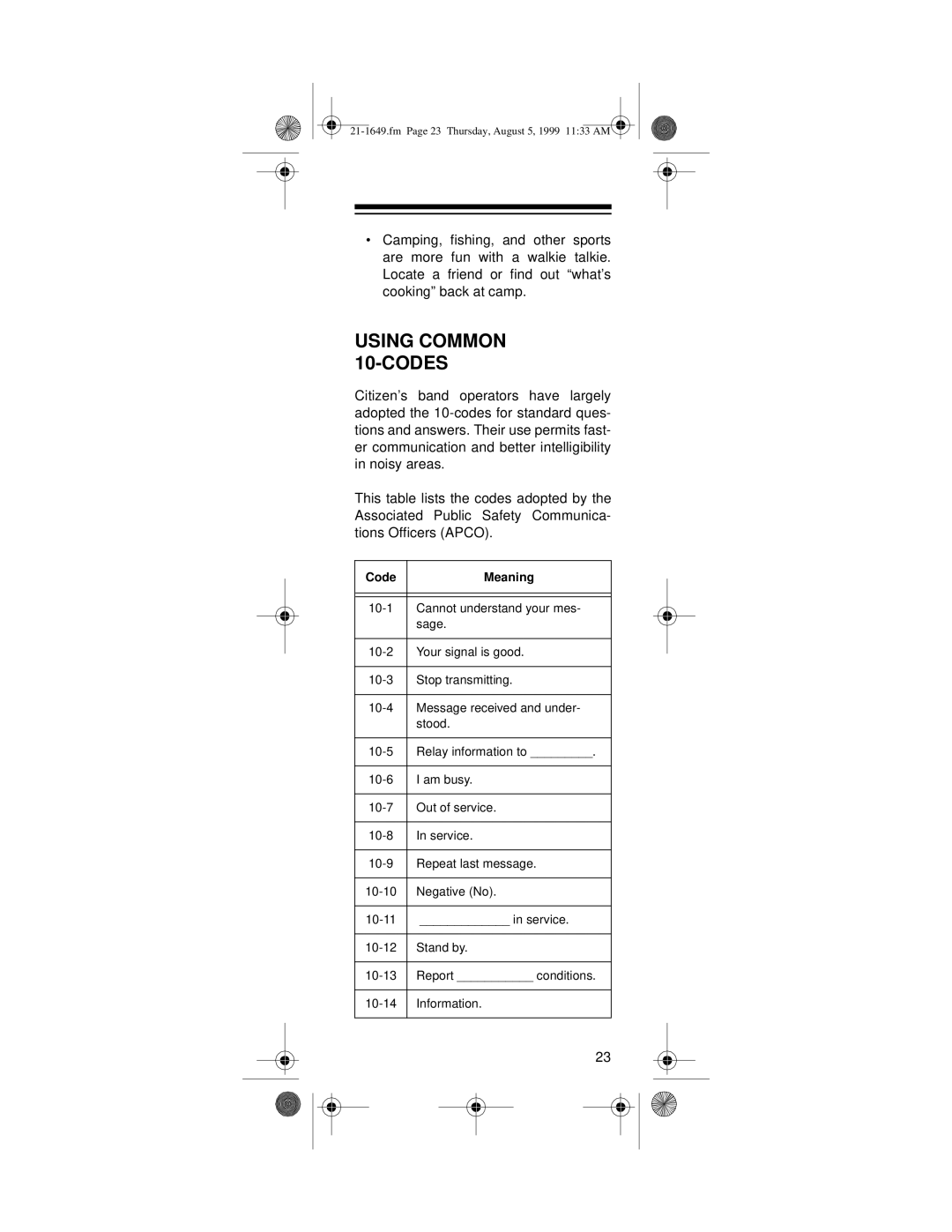 Radio Shack TRC-236 owner manual Using Common 10-CODES, Code Meaning 