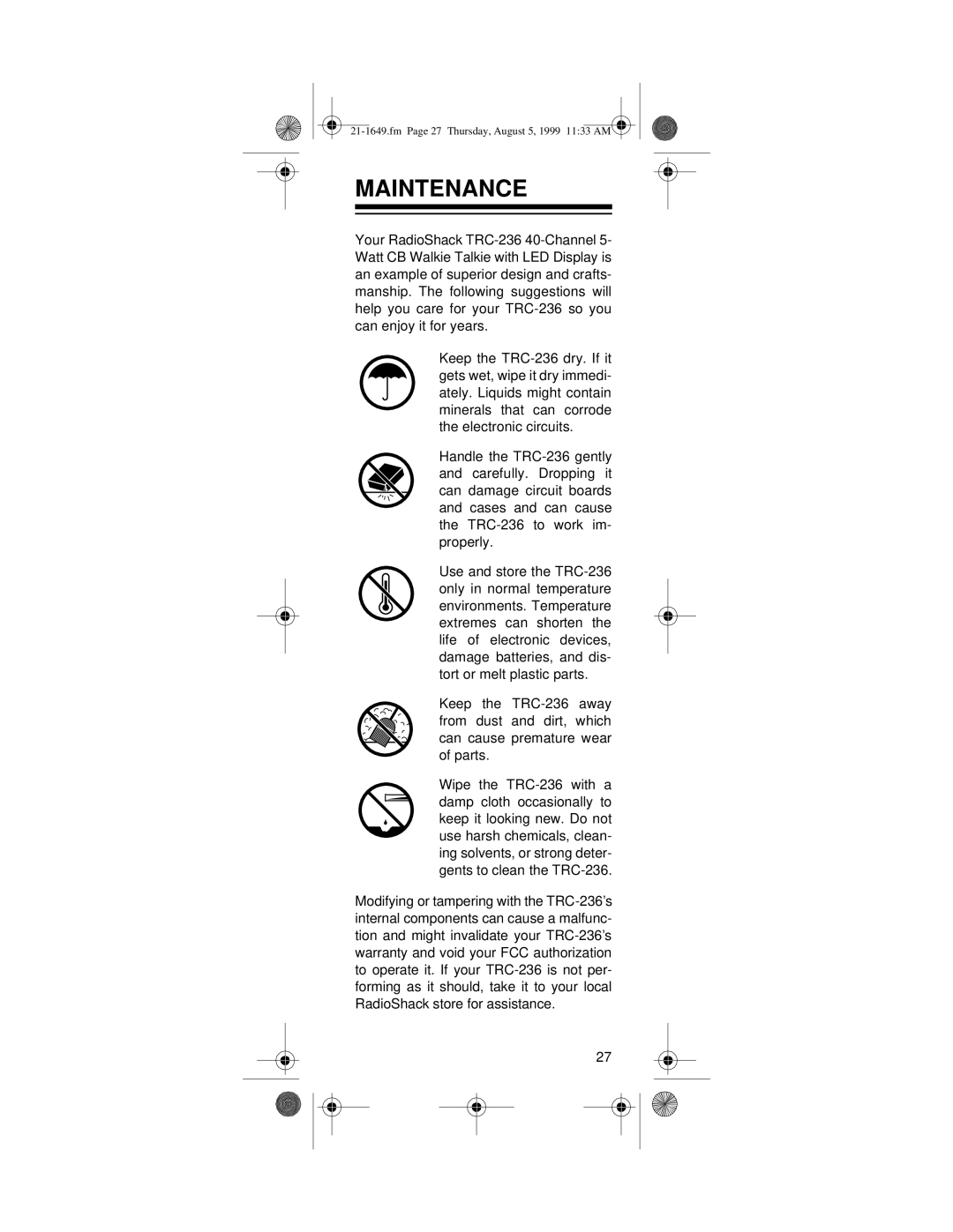 Radio Shack TRC-236 owner manual Maintenance 