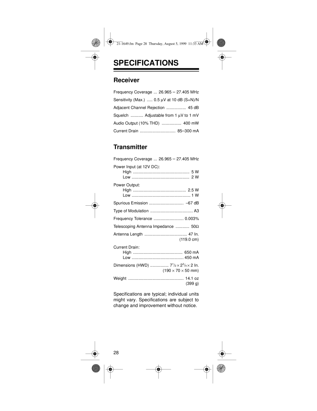 Radio Shack TRC-236 owner manual Specifications, Receiver 