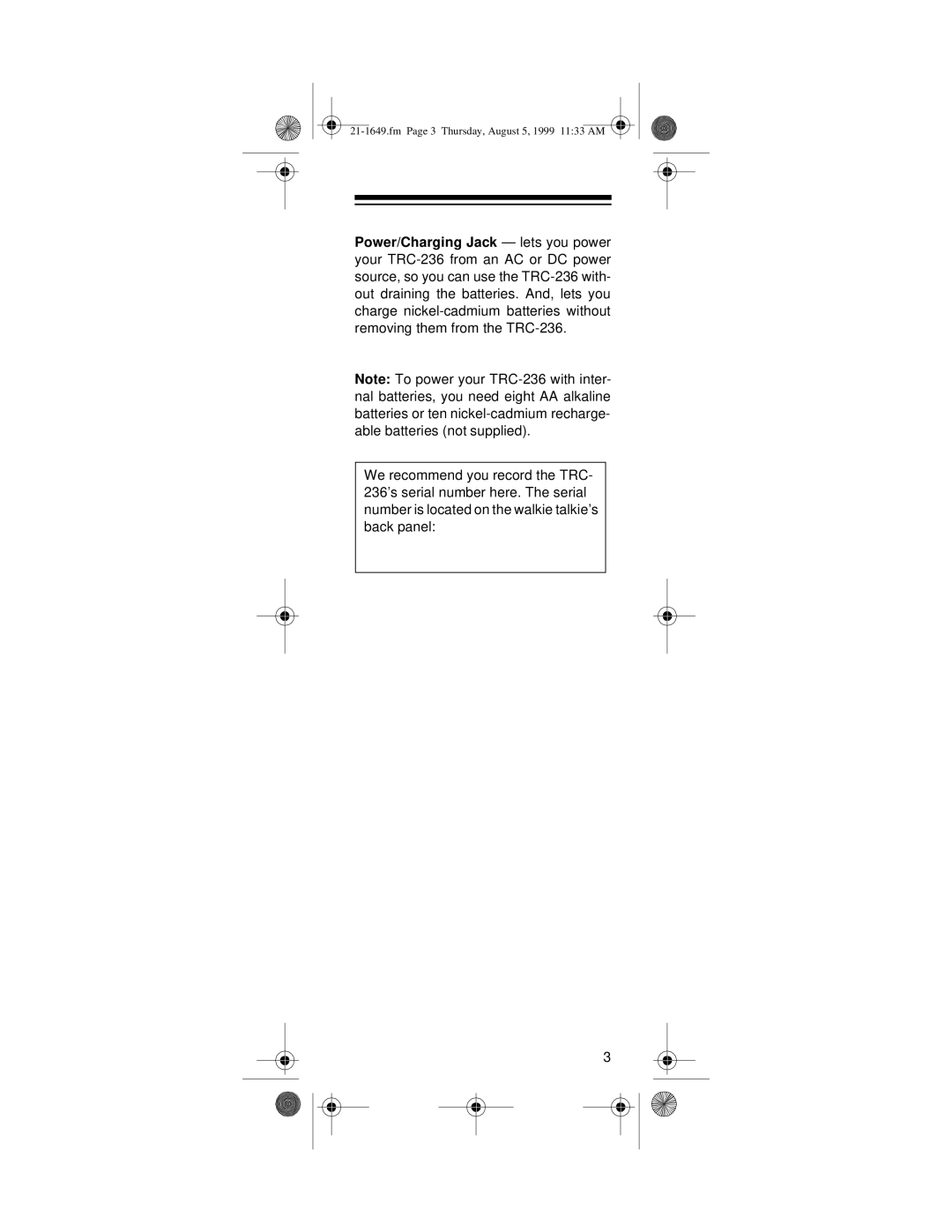 Radio Shack TRC-236 owner manual Fm Page 3 Thursday, August 5, 1999 1133 AM 