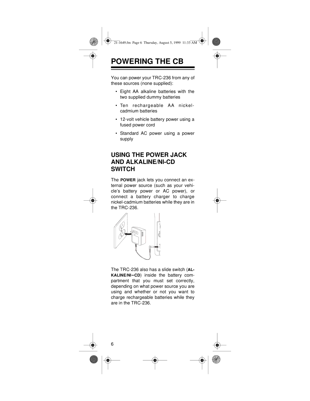 Radio Shack TRC-236 owner manual Powering the CB, Using the Power Jack and ALKALINE/NI-CD Switch 