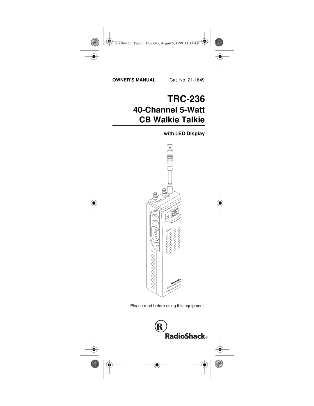 Radio Shack TRC-236 owner manual Channel 5-Watt CB Walkie Talkie, with LED Display 