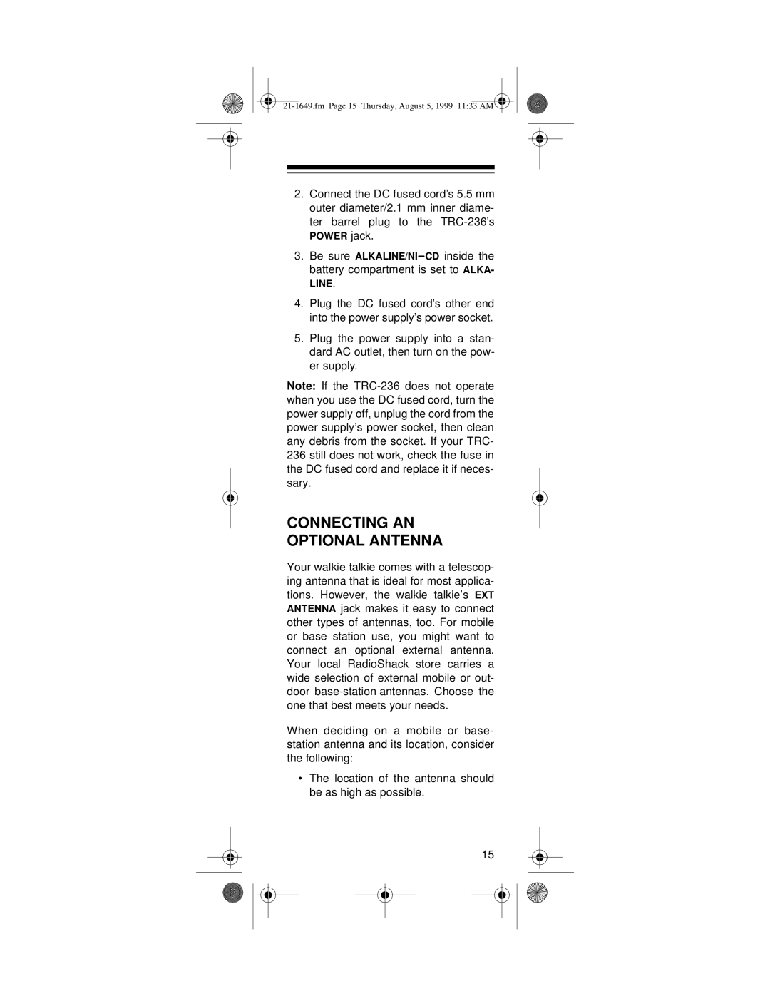 Radio Shack TRC-236 owner manual Connecting An Optional Antenna 