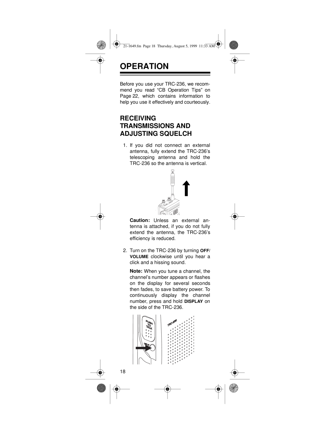 Radio Shack TRC-236 owner manual Operation, Receiving Transmissions And Adjusting Squelch 