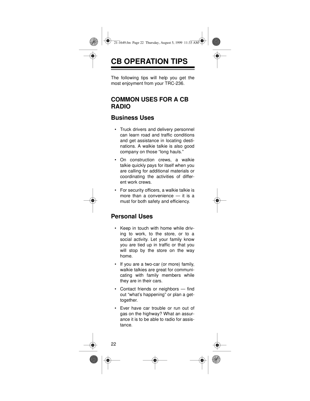 Radio Shack TRC-236 owner manual Cb Operation Tips, COMMON USES FOR A CB RADIO Business Uses, Personal Uses 
