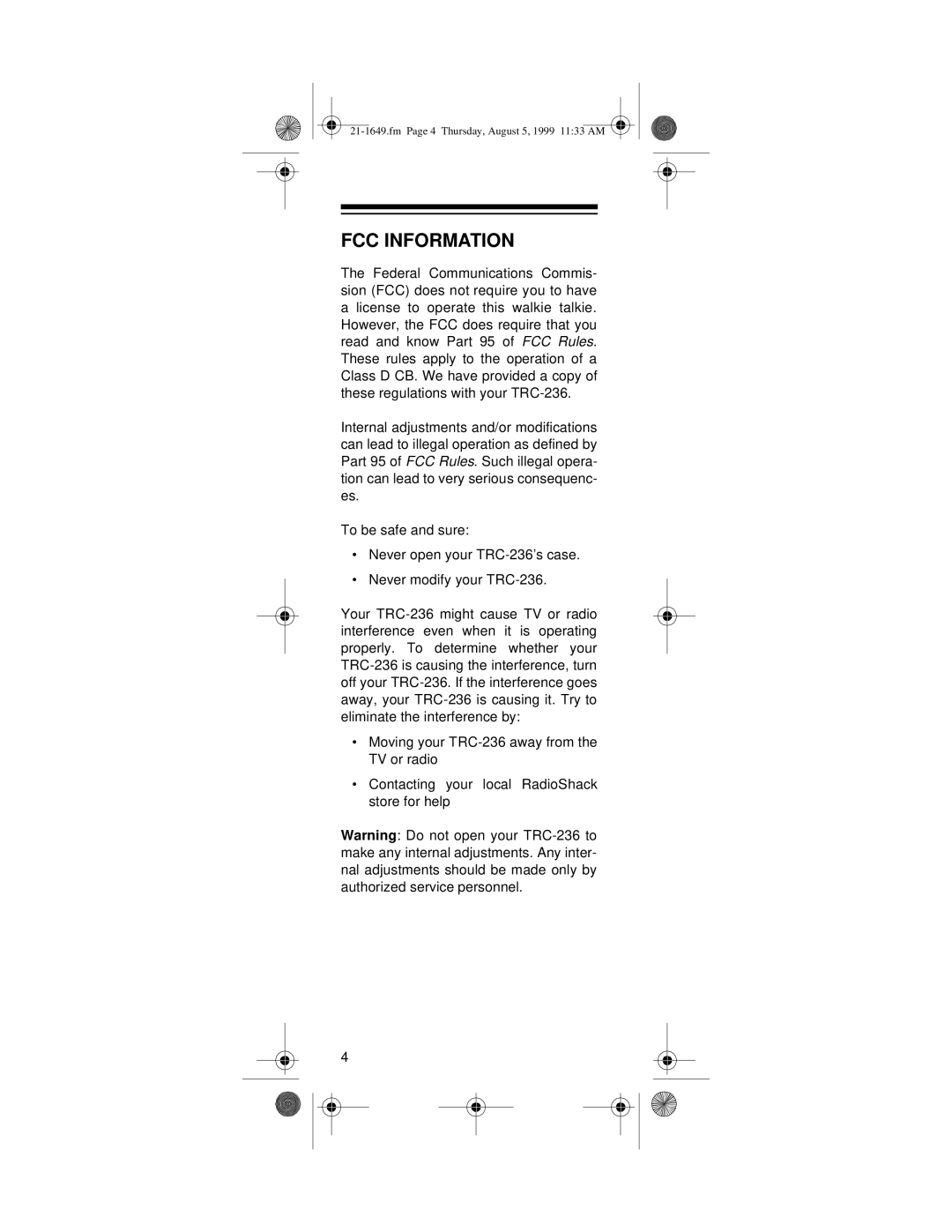 Radio Shack TRC-236 owner manual Fcc Information 