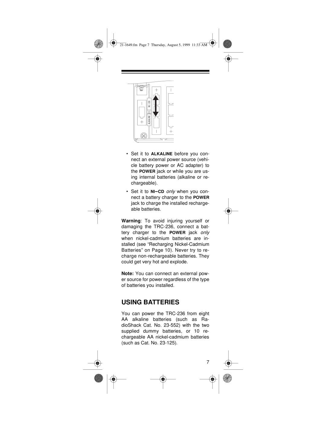Radio Shack TRC-236 owner manual Using Batteries 