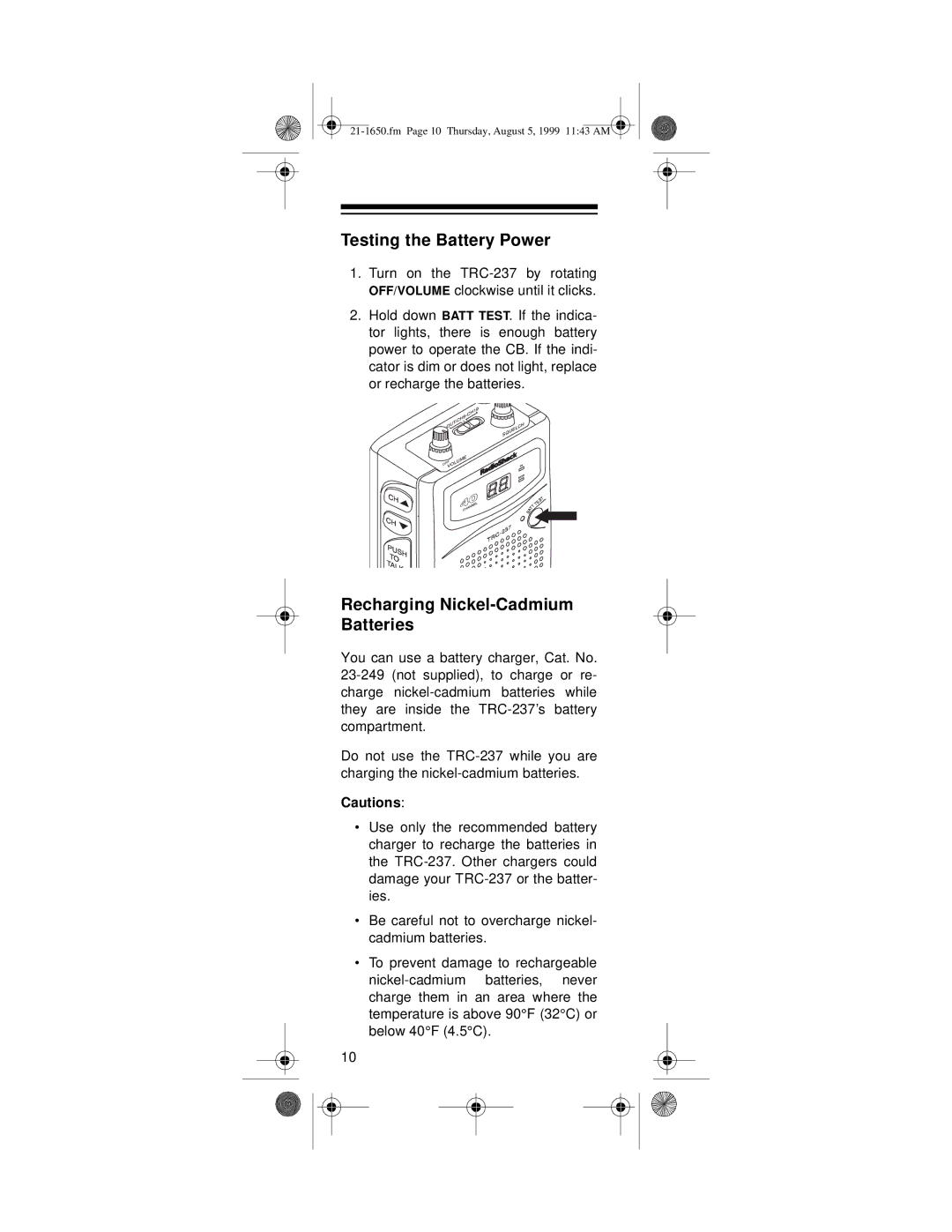 Radio Shack TRC-237 owner manual Testing the Battery Power 