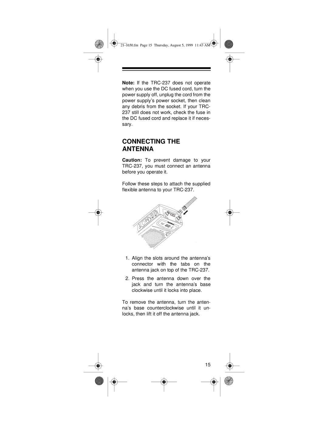 Radio Shack TRC-237 owner manual Connecting Antenna 