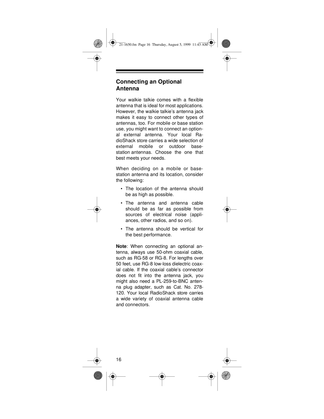 Radio Shack TRC-237 owner manual Connecting an Optional Antenna 