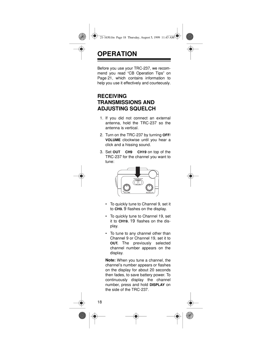 Radio Shack TRC-237 owner manual Operation, Receiving Transmissions Adjusting Squelch 