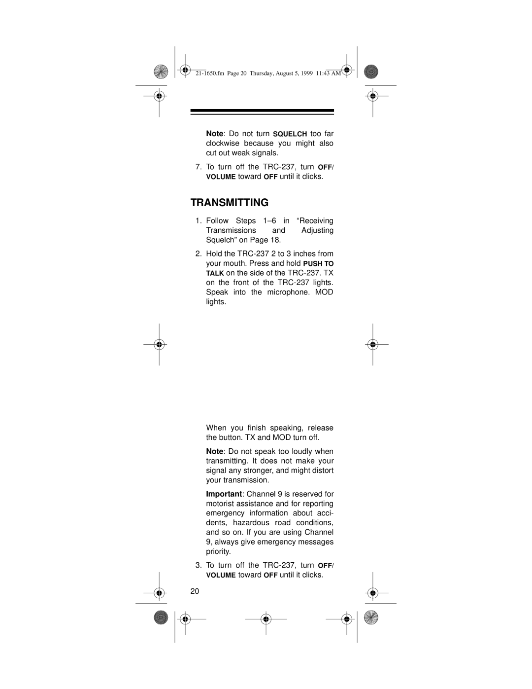 Radio Shack TRC-237 owner manual Transmitting 