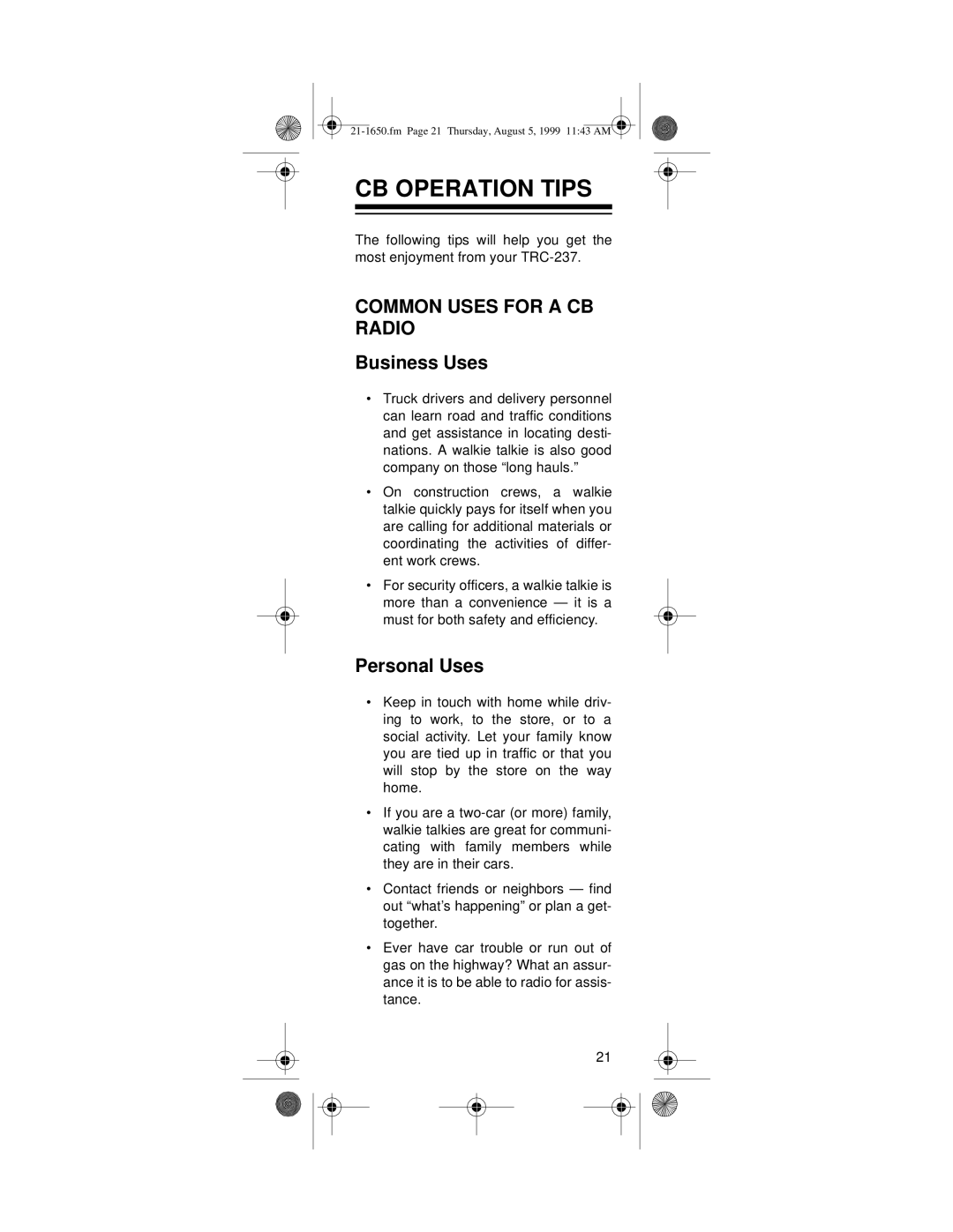 Radio Shack TRC-237 owner manual CB Operation Tips, Common Uses for a CB Radio 