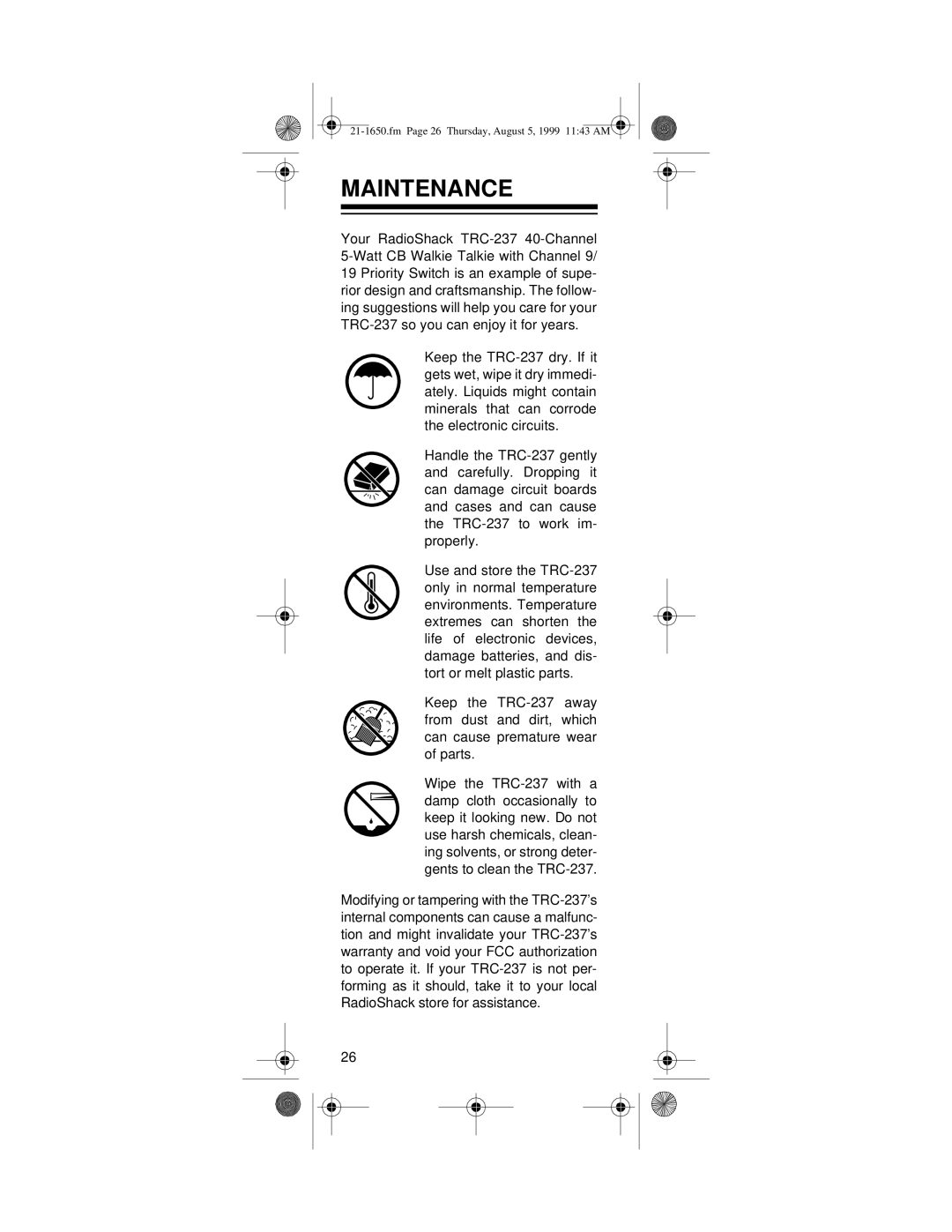 Radio Shack TRC-237 owner manual Maintenance 