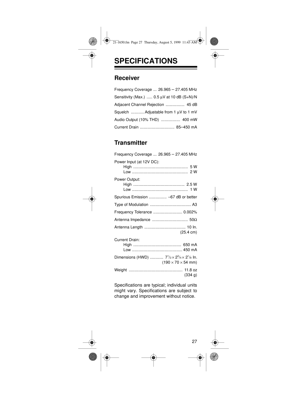 Radio Shack TRC-237 owner manual Specifications, Receiver 