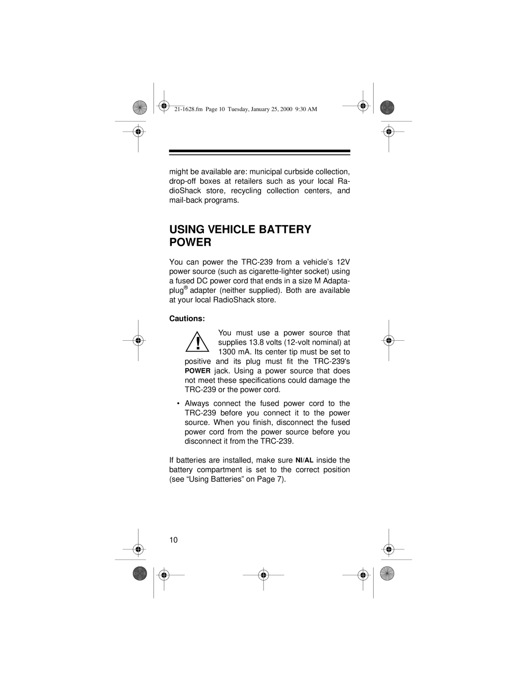 Radio Shack TRC-239 owner manual Using Vehicle Battery Power 