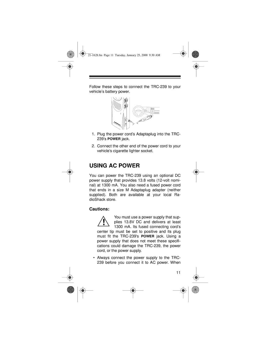 Radio Shack TRC-239 owner manual Using AC Power 