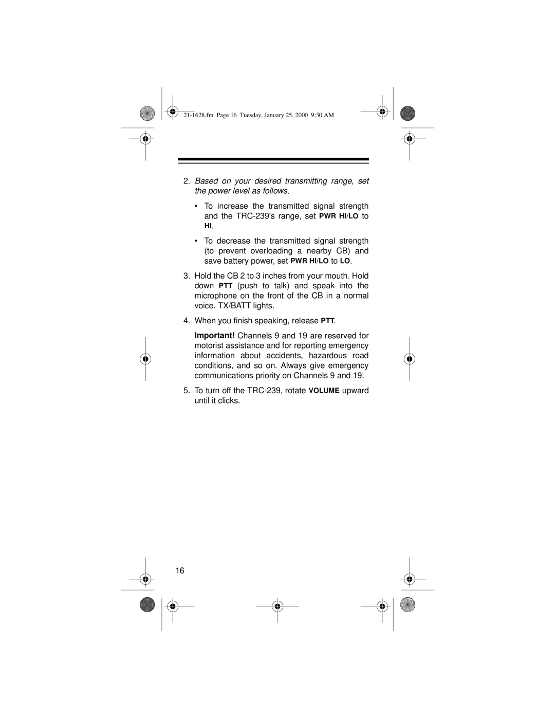 Radio Shack TRC-239 owner manual Fm Page 16 Tuesday, January 25, 2000 930 AM 