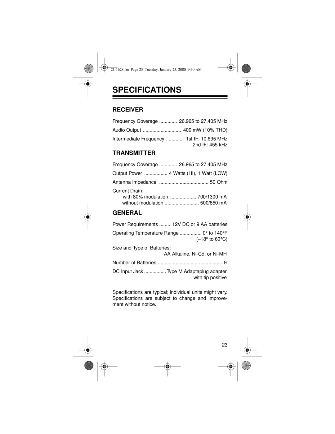 Radio Shack TRC-239 owner manual Specifications, Receiver 