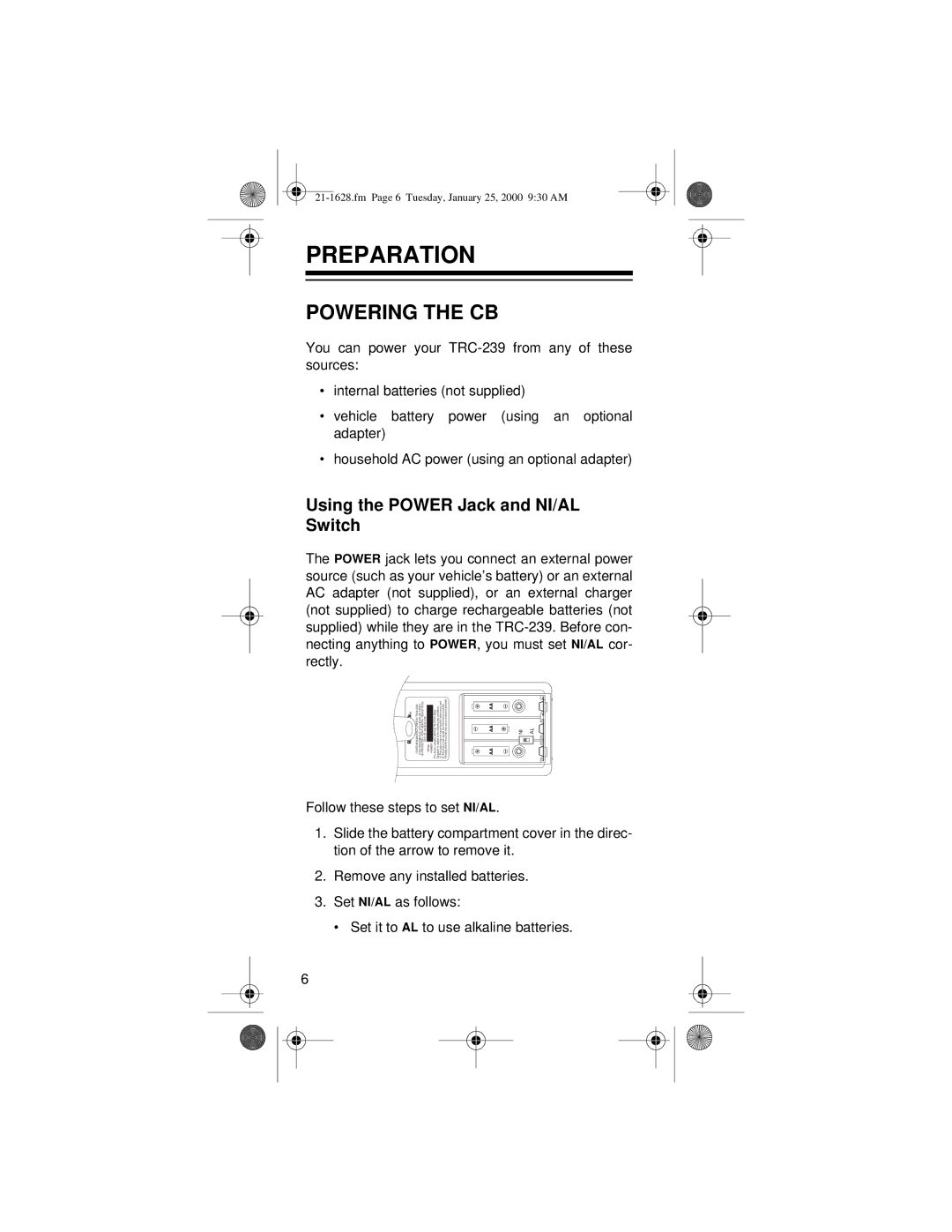 Radio Shack TRC-239 owner manual Preparation, Powering the CB, Using the Power Jack and NI/AL Switch 