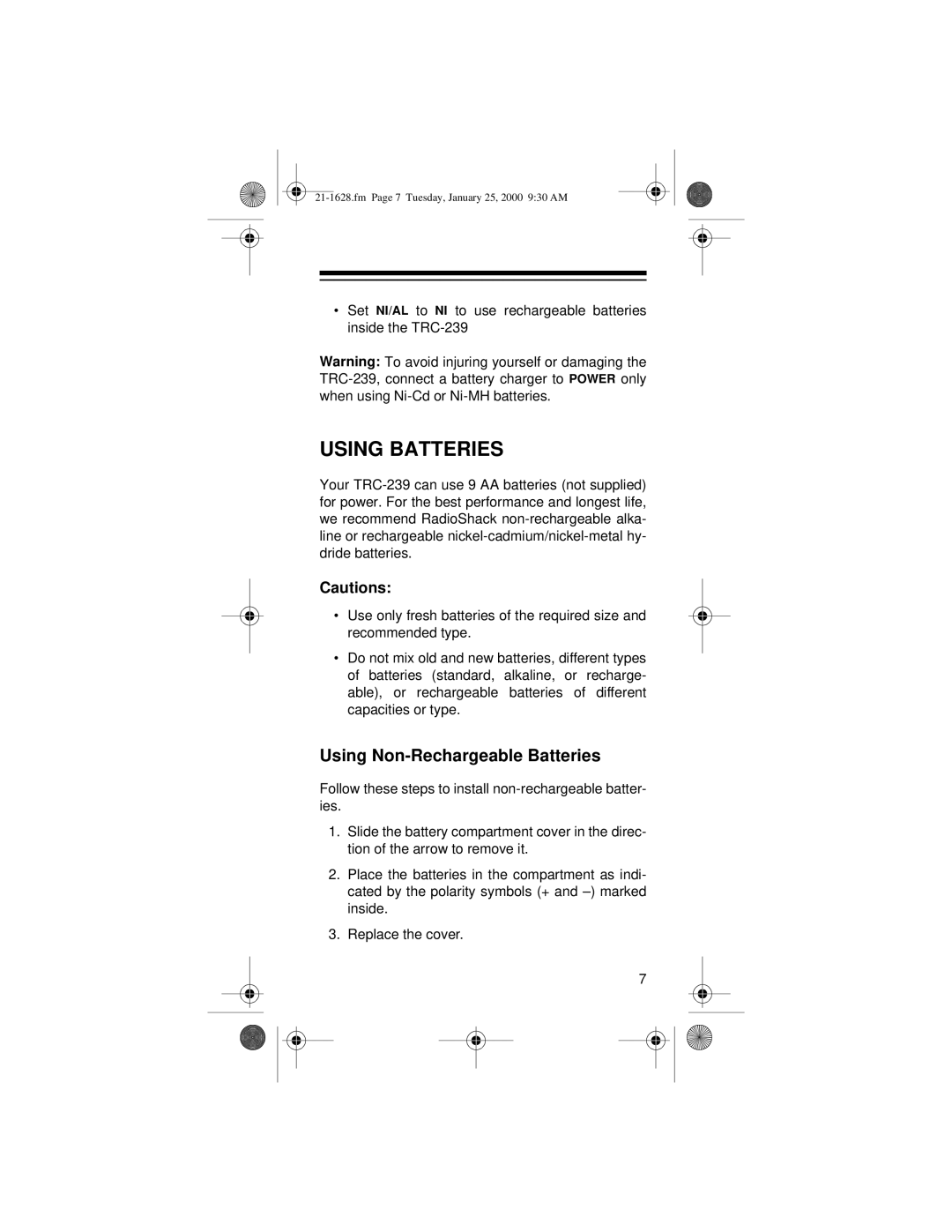 Radio Shack TRC-239 owner manual Using Batteries, Using Non-Rechargeable Batteries 