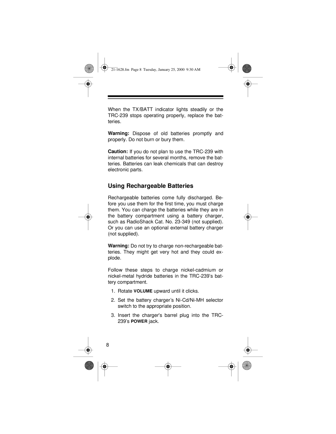 Radio Shack TRC-239 owner manual Using Rechargeable Batteries 