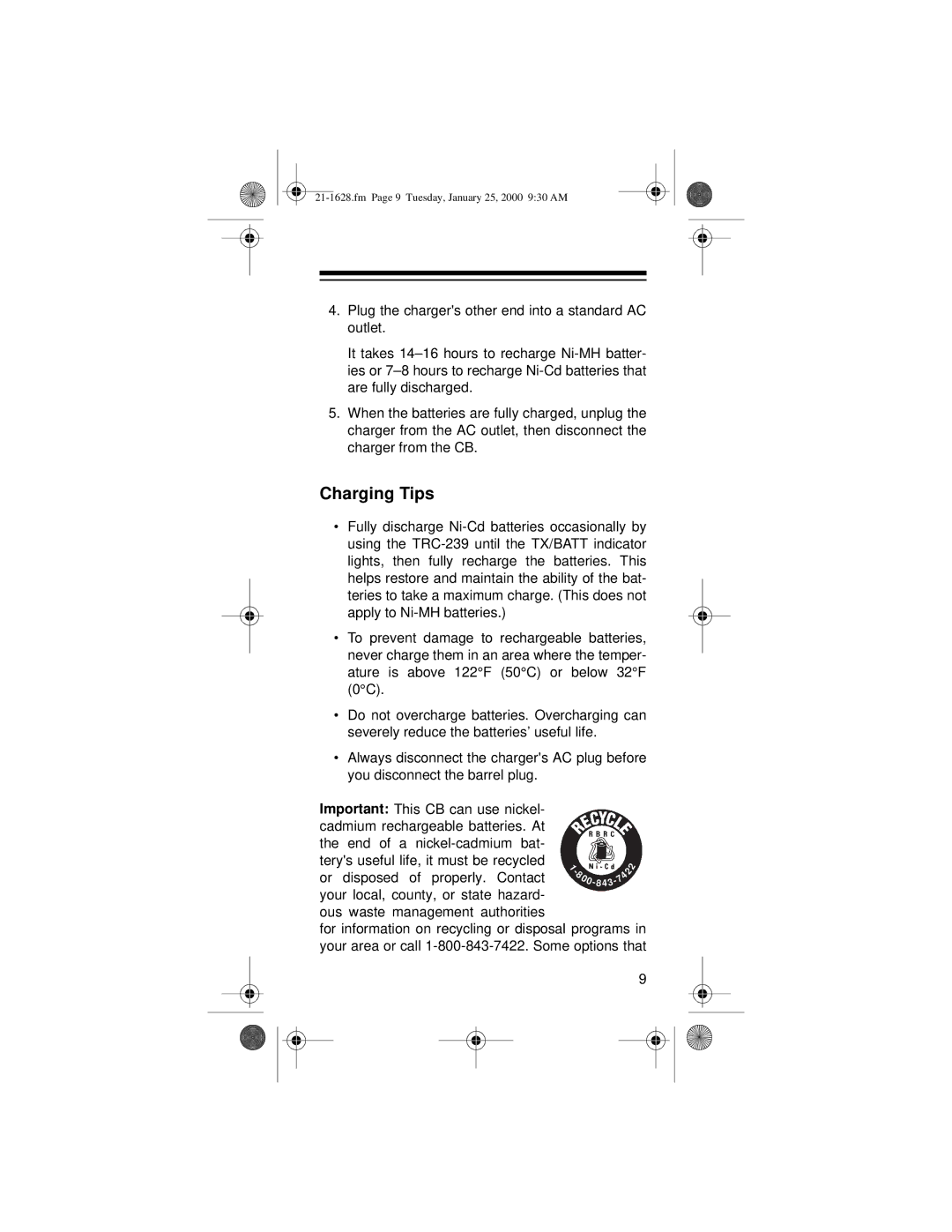 Radio Shack TRC-239 owner manual Charging Tips 