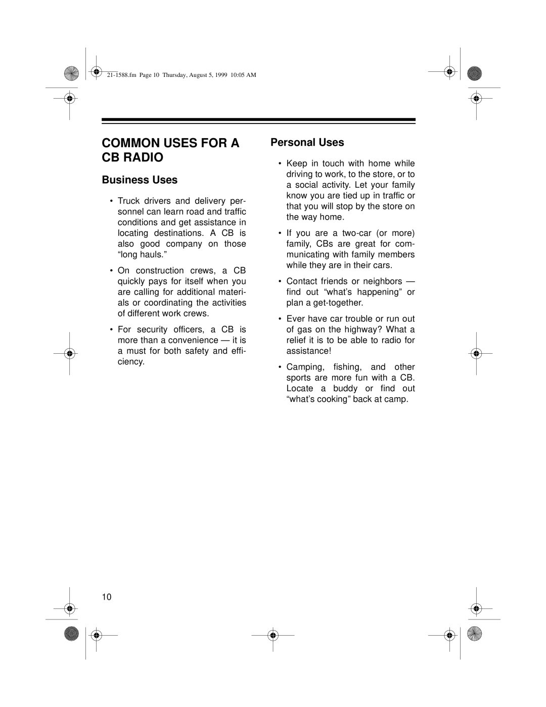 Radio Shack TRC-401 owner manual Common Uses for a CB Radio, Business Uses 