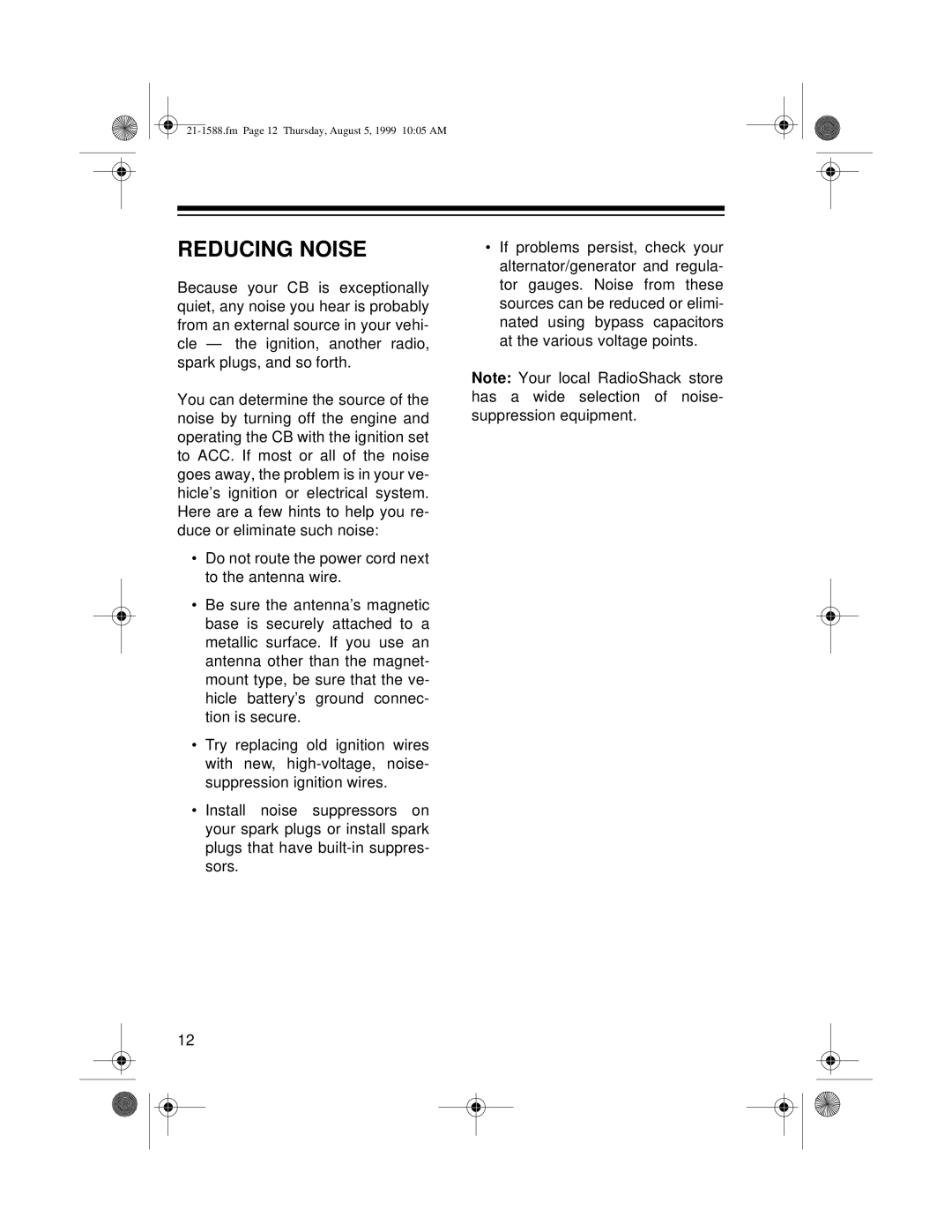 Radio Shack TRC-401 owner manual Reducing Noise 