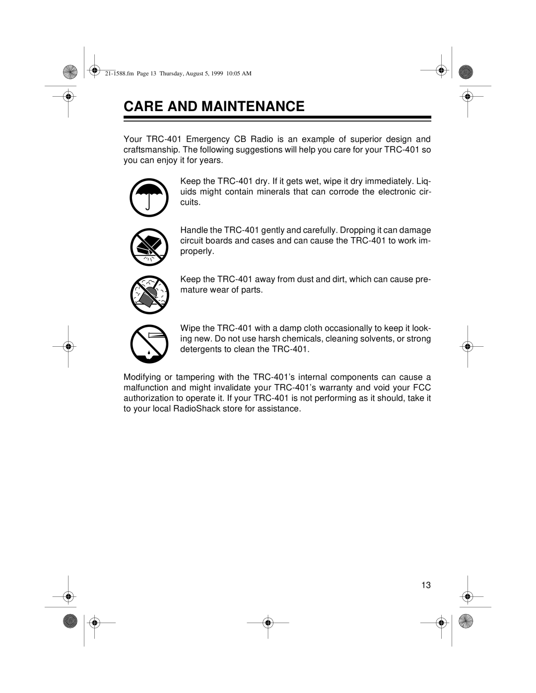 Radio Shack TRC-401 owner manual Care and Maintenance 