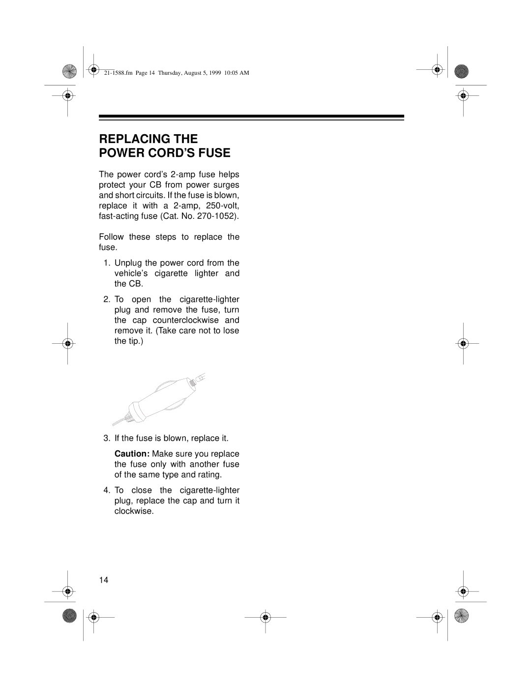 Radio Shack TRC-401 owner manual Replacing the Power CORD’S Fuse 