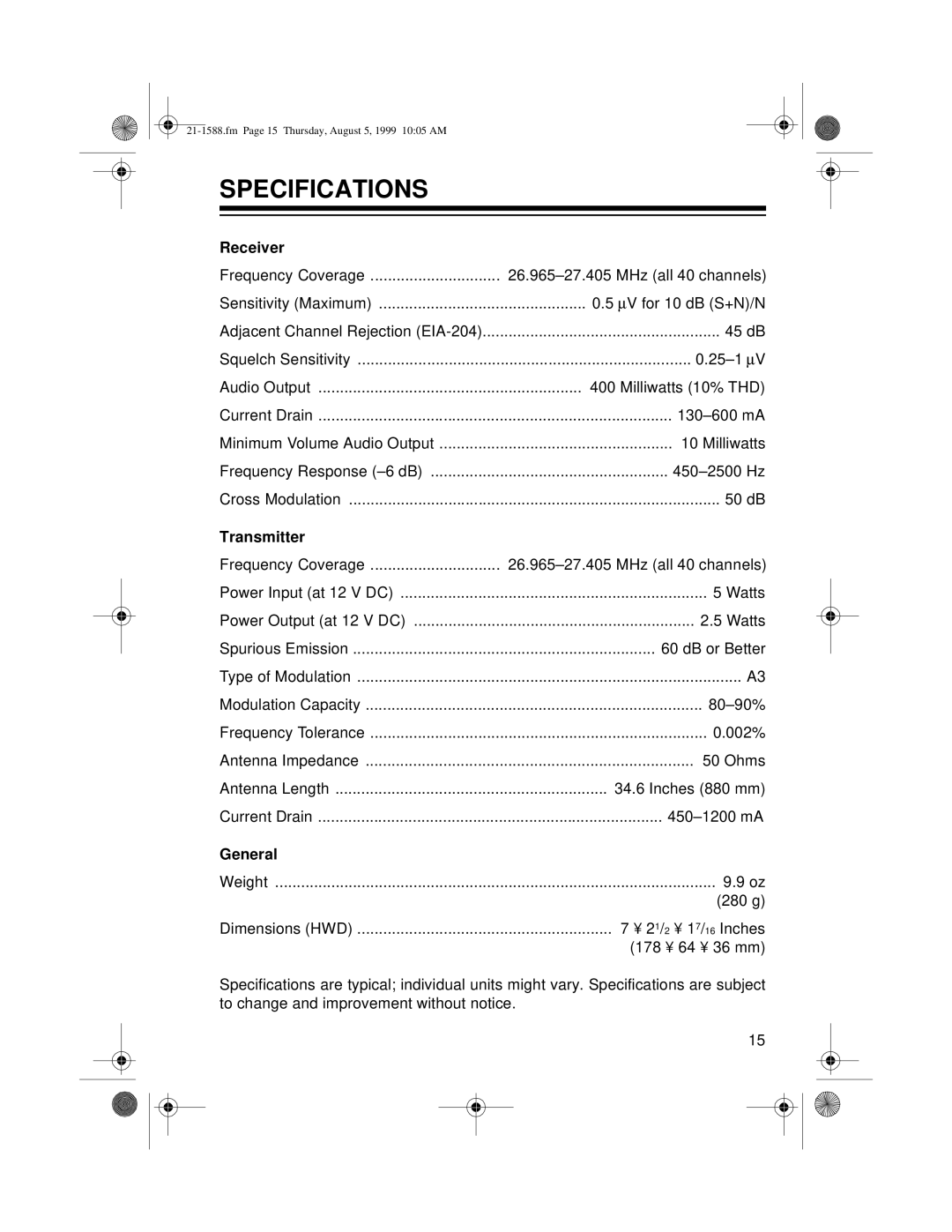 Radio Shack TRC-401 owner manual Specifications, Receiver 