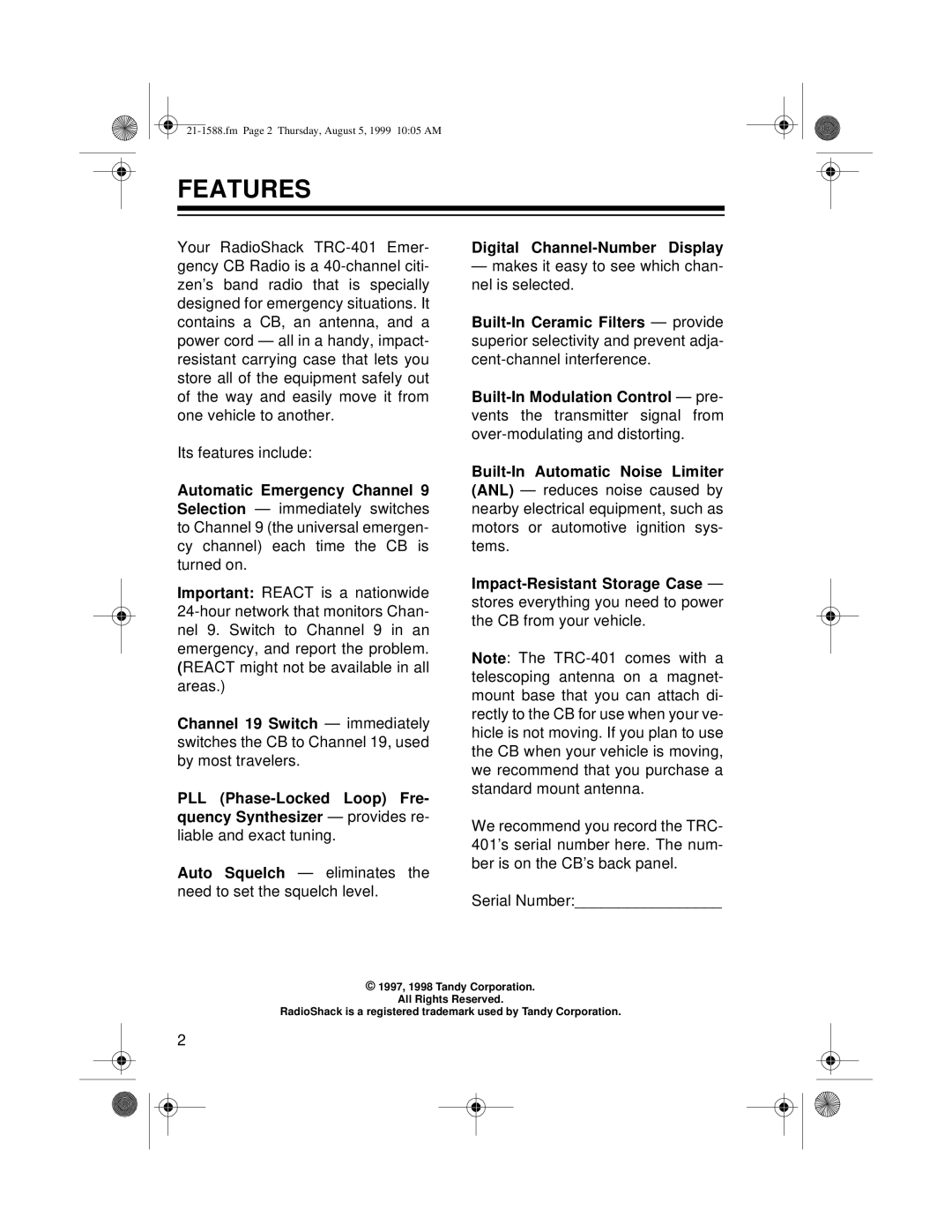 Radio Shack TRC-401 owner manual Features 