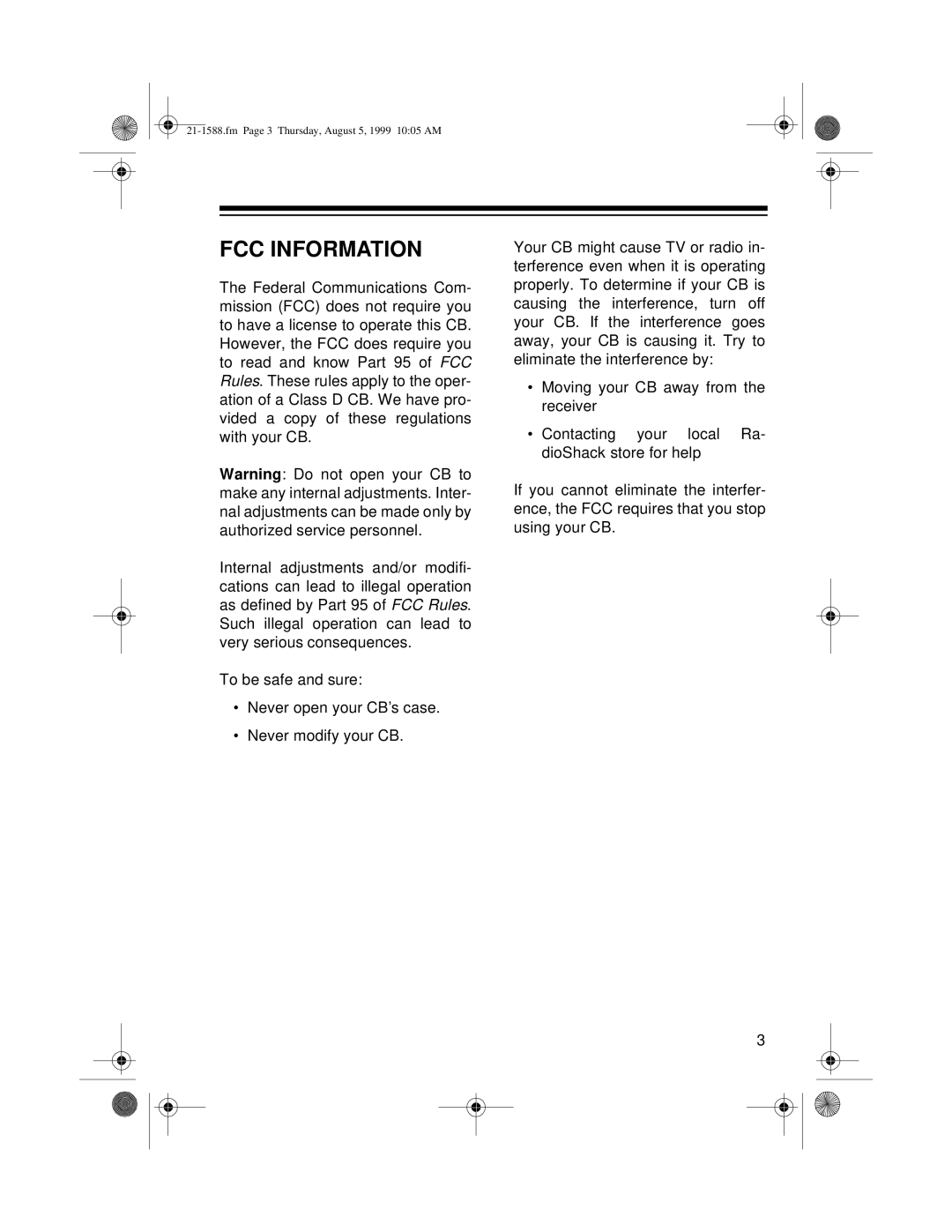 Radio Shack TRC-401 owner manual FCC Information 