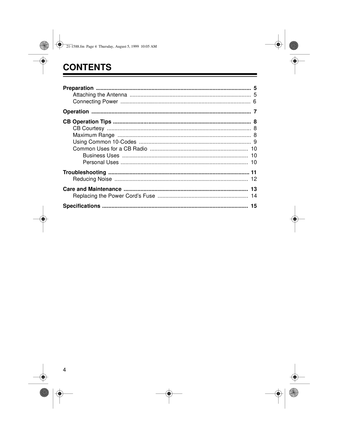 Radio Shack TRC-401 owner manual Contents 