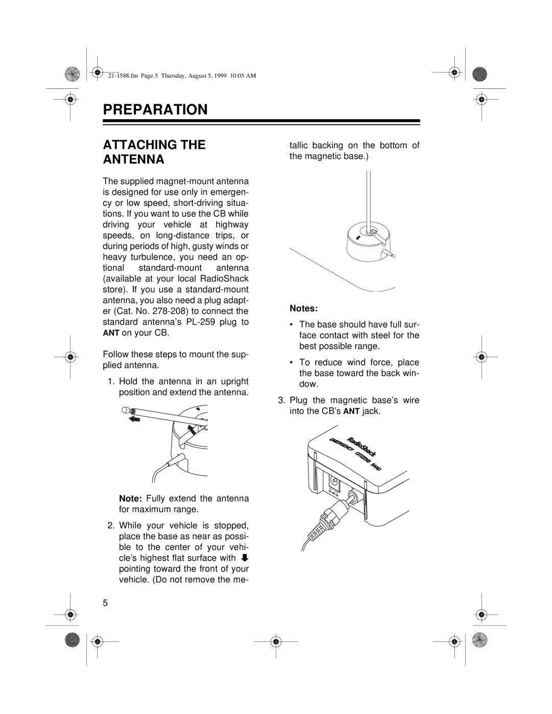 Radio Shack TRC-401 owner manual Preparation, Attaching Antenna 