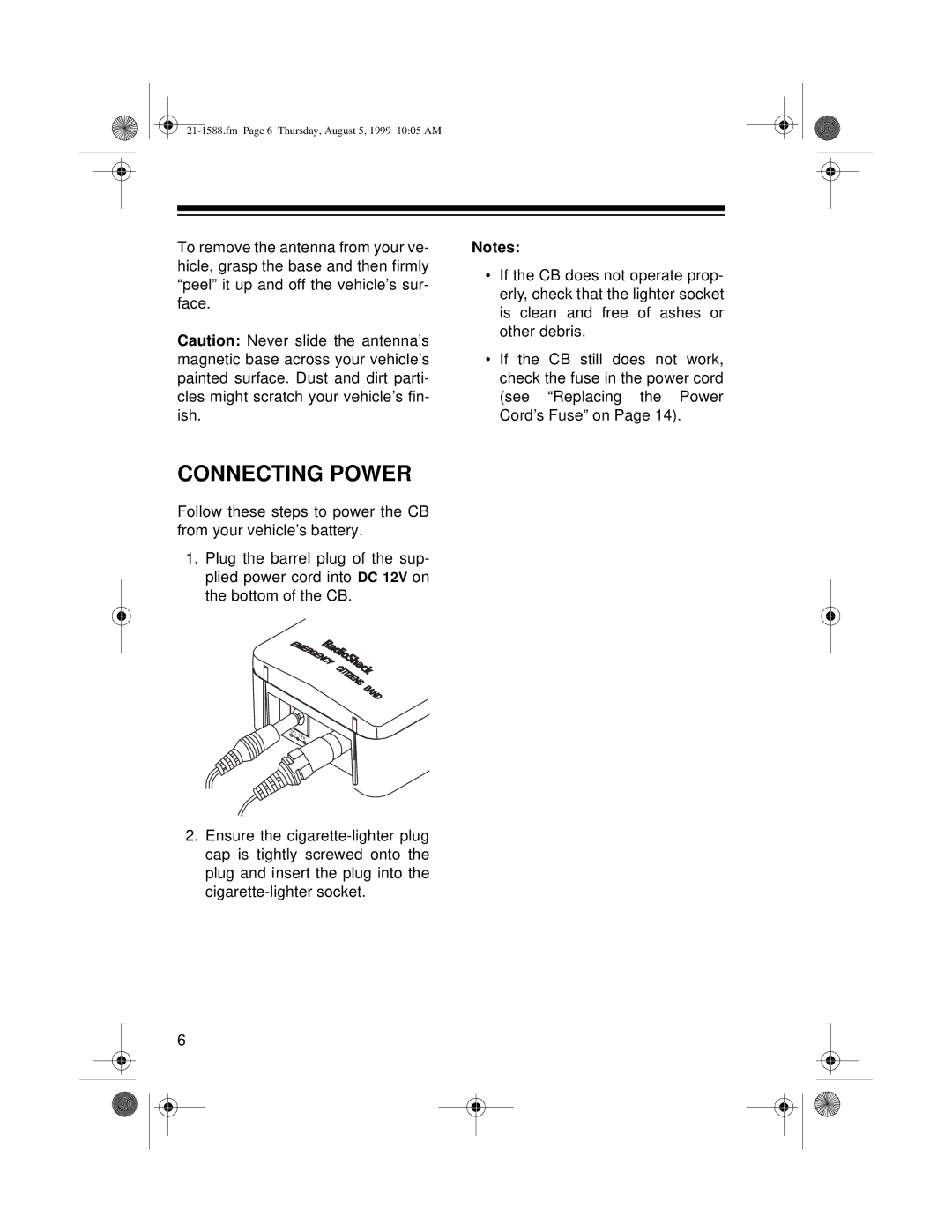 Radio Shack TRC-401 owner manual Connecting Power 