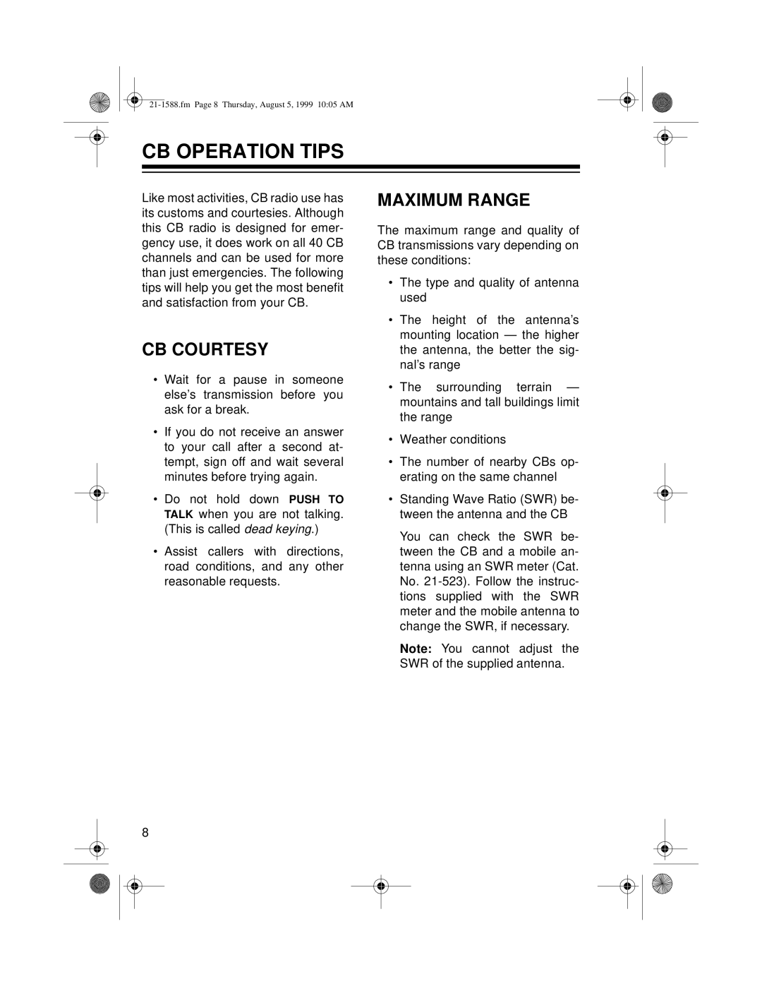 Radio Shack TRC-401 owner manual CB Operation Tips, CB Courtesy, Maximum Range 