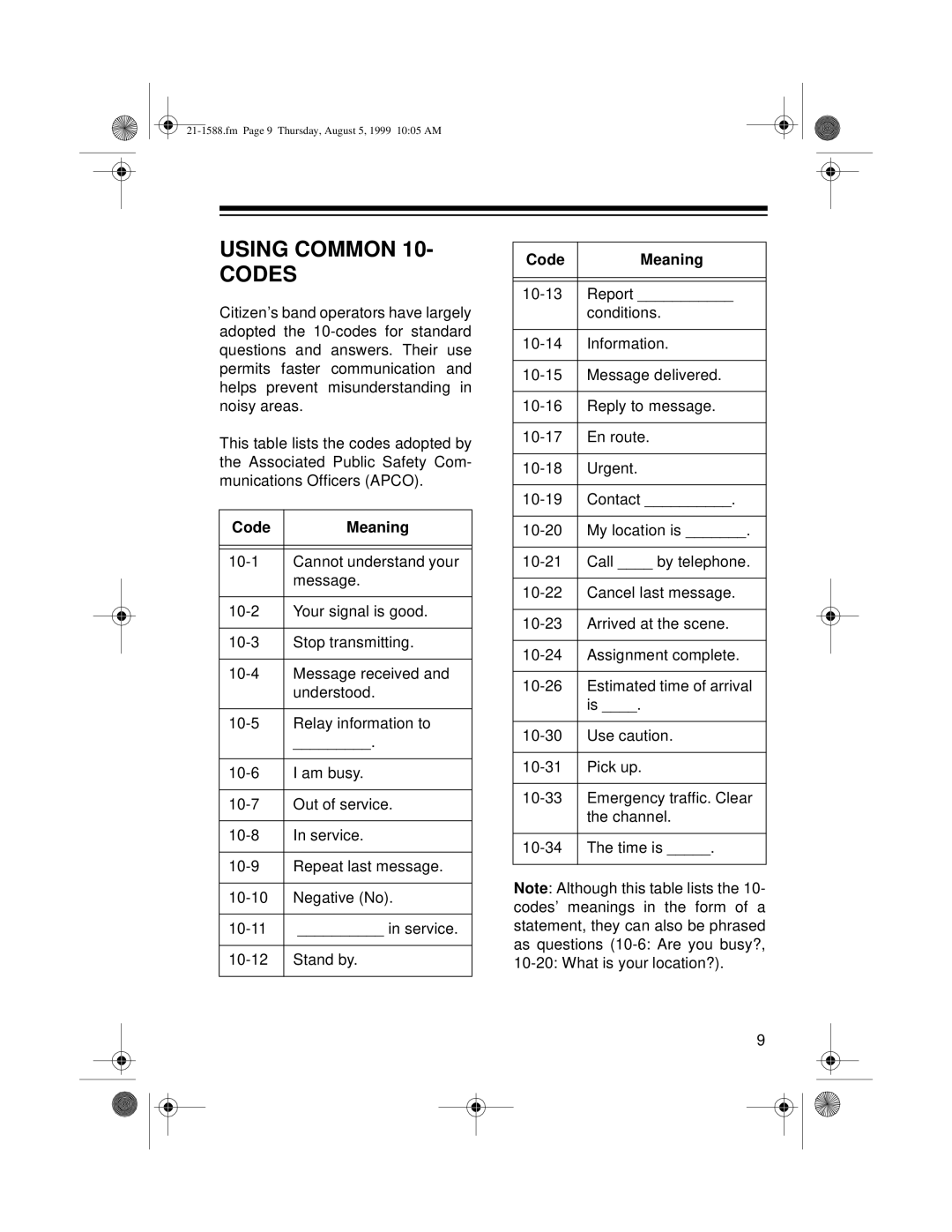 Radio Shack TRC-401 owner manual Using Common Codes, Code Meaning 