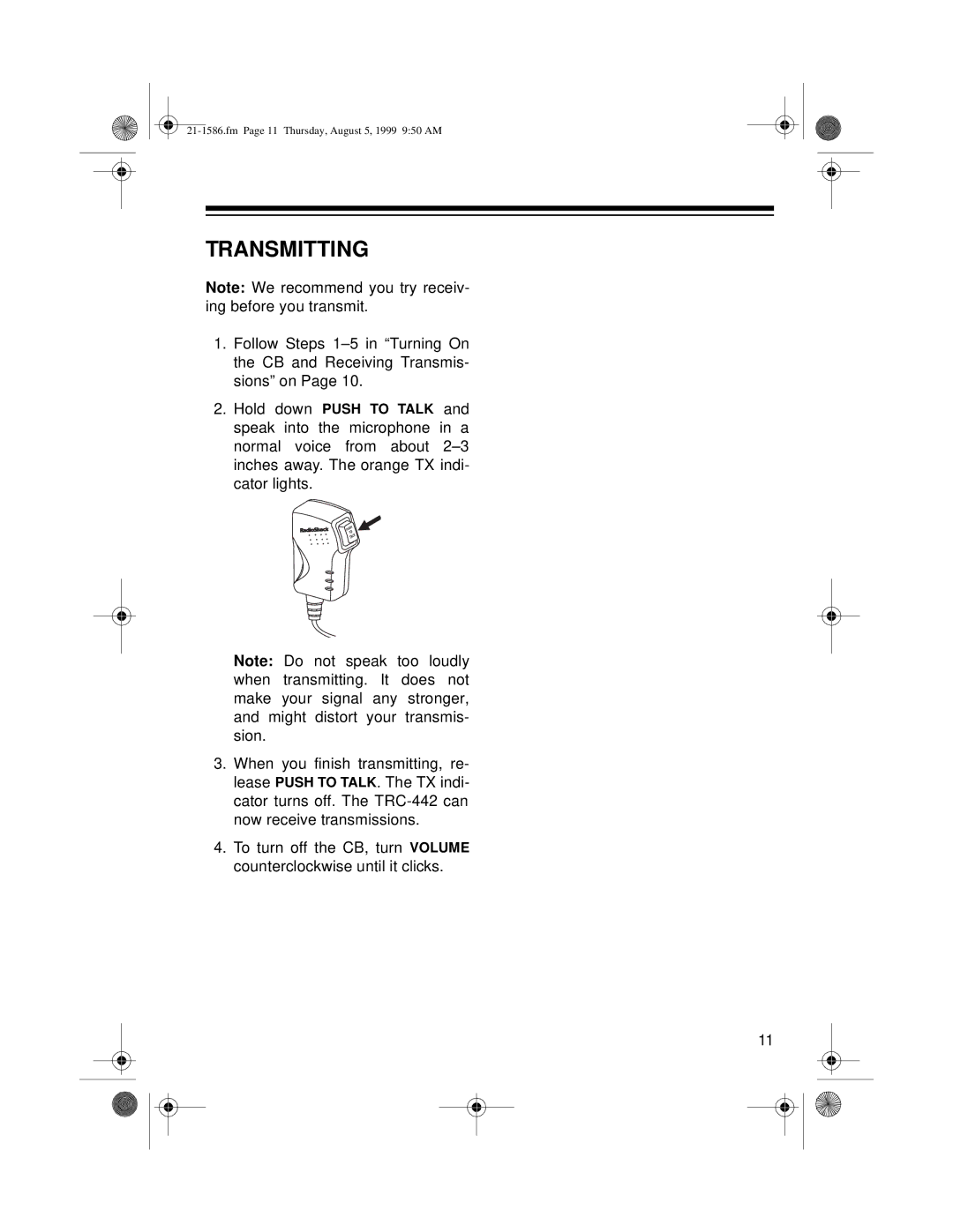 Radio Shack TRC-442 owner manual Transmitting 