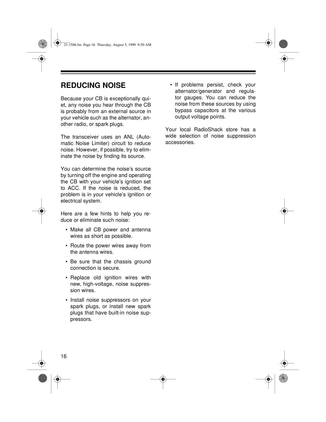 Radio Shack TRC-442 owner manual Reducing Noise 