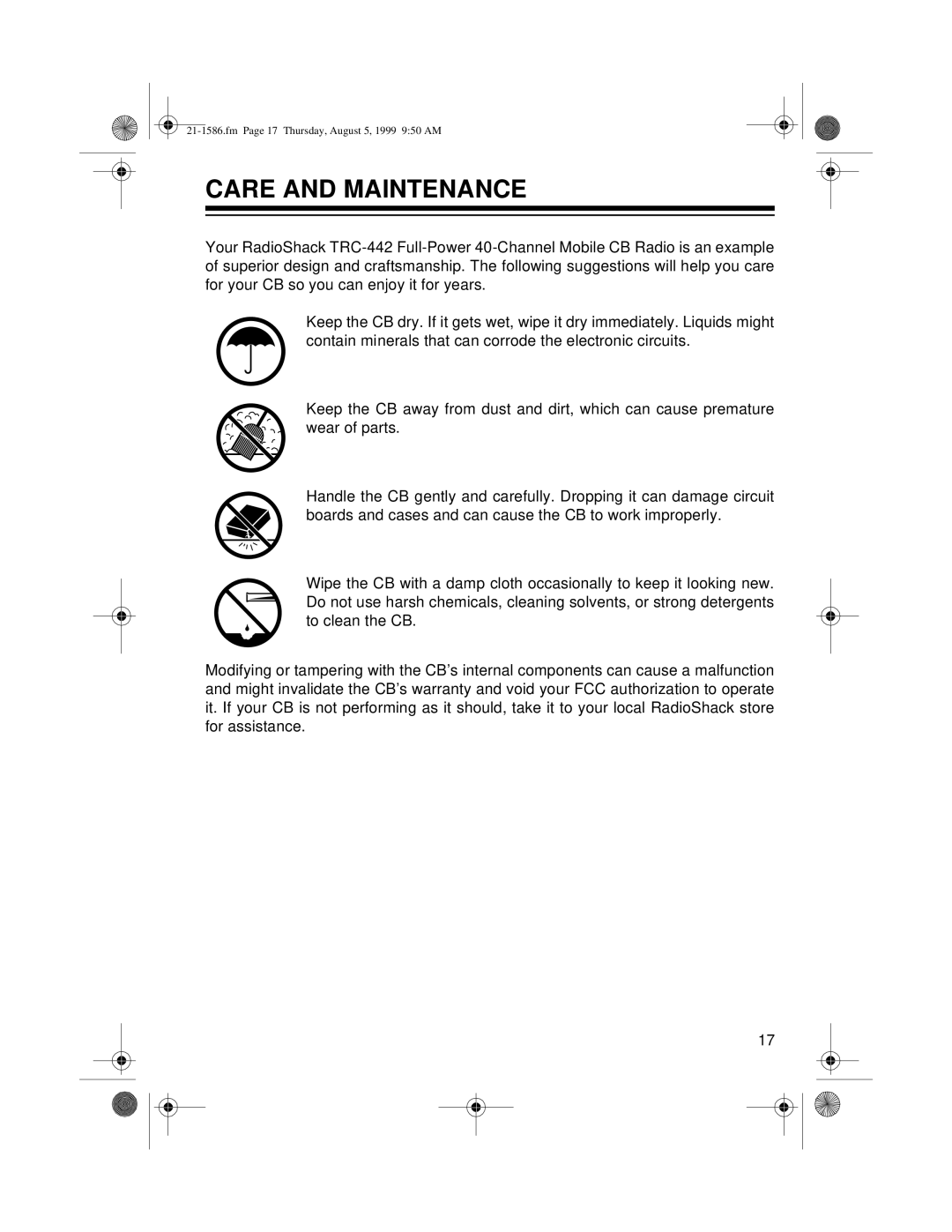 Radio Shack TRC-442 owner manual Care and Maintenance 