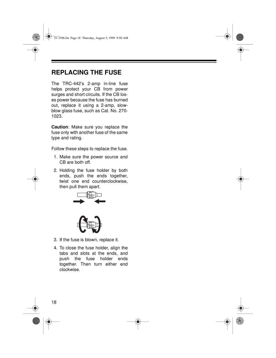 Radio Shack TRC-442 owner manual Replacing the Fuse 